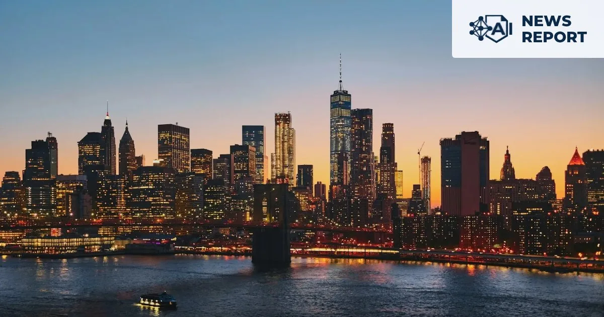 Lower Manhattan skyline lit at dusk across the East River, with the Brooklyn Bridge in the foreground