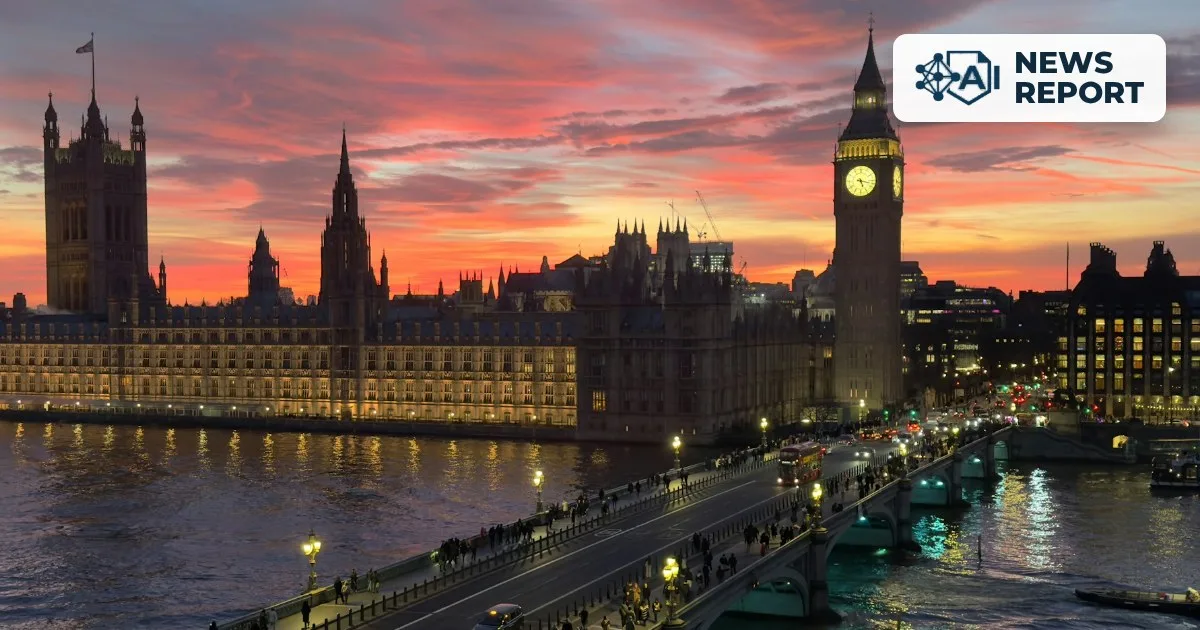 The Houses of Parliament and Big Ben in London at sunset, seen across Westminster Bridge, with the AI News Report logo