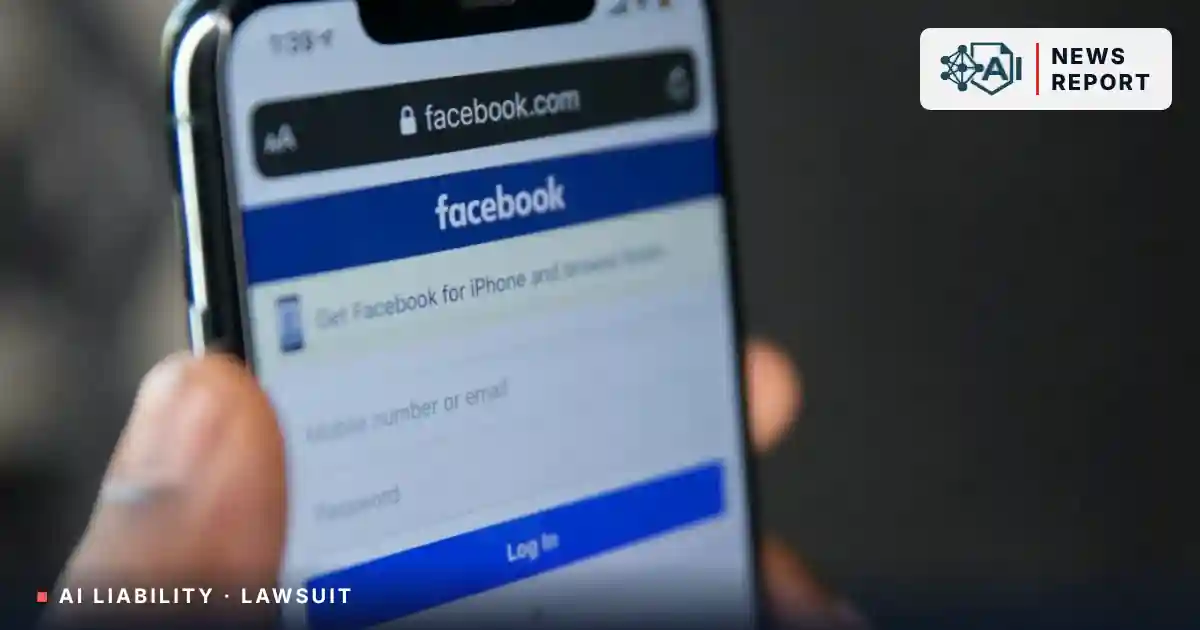 Close-up of a hand holding a smartphone open to the Facebook login page, with the AI News Report logo panel in the top-right corner