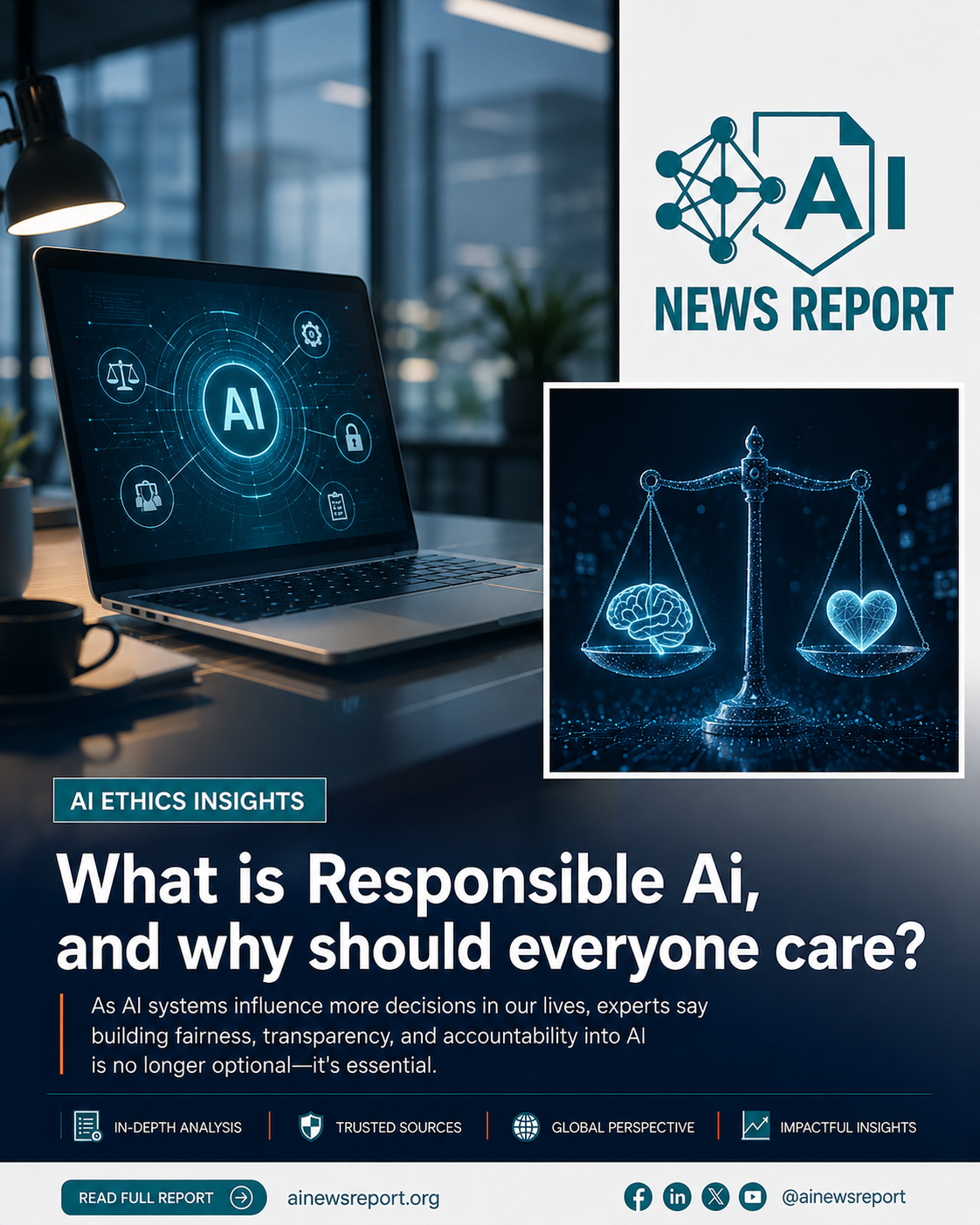 AI news report graphic featuring a laptop displaying a responsible AI interface, an AI-themed justice scale illustration, and the headline “What is Responsible AI"