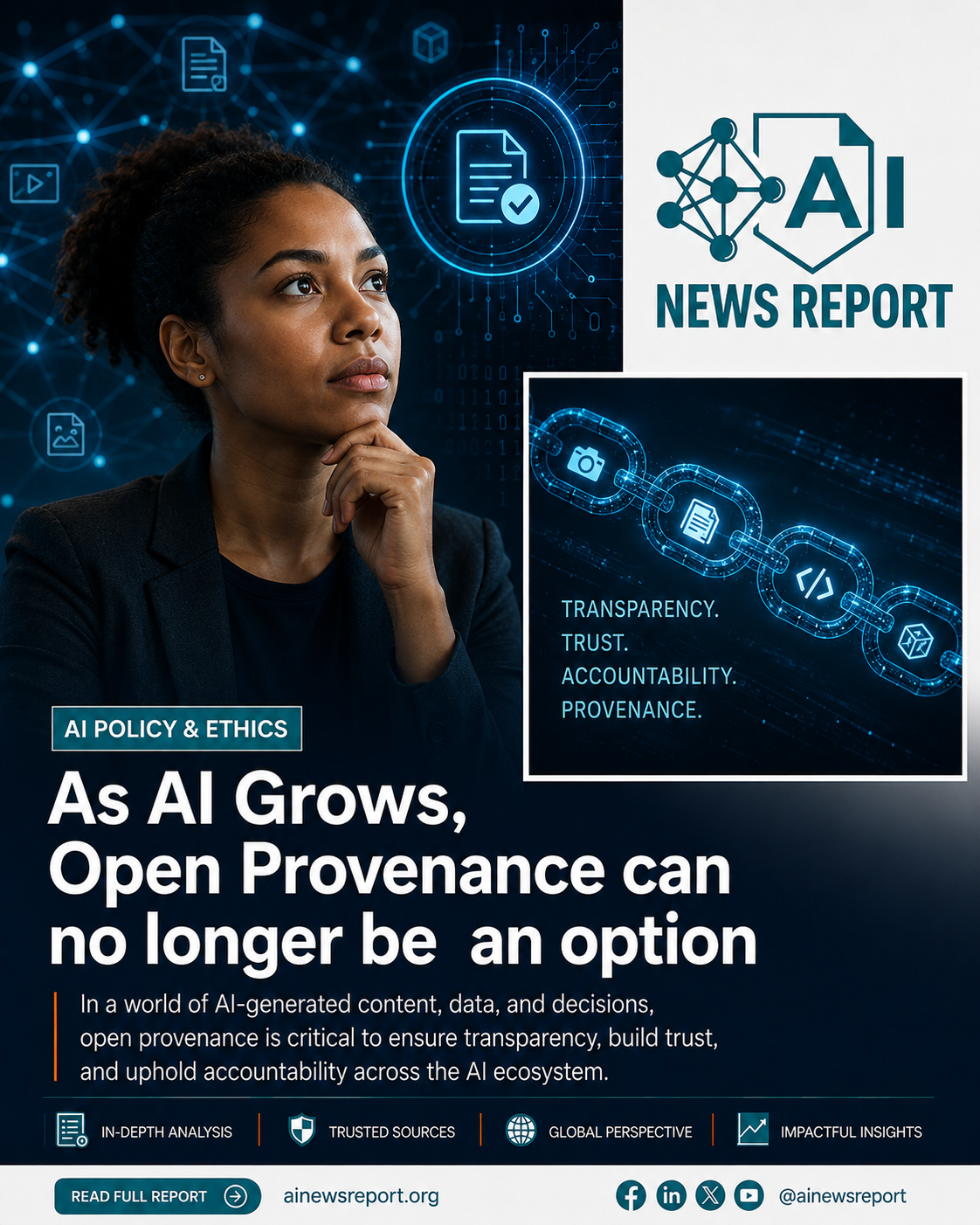 A promotional graphic featuring text "As Ai grows, open provenance can no longer be an option"