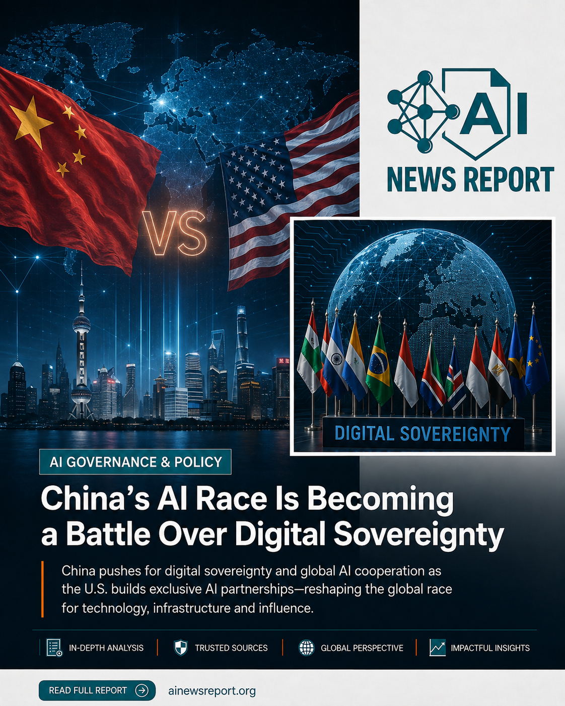 News graphic showing China and the United States in the global AI race, with a digital world map, national flags, and an inset illustrating digital sovereignty