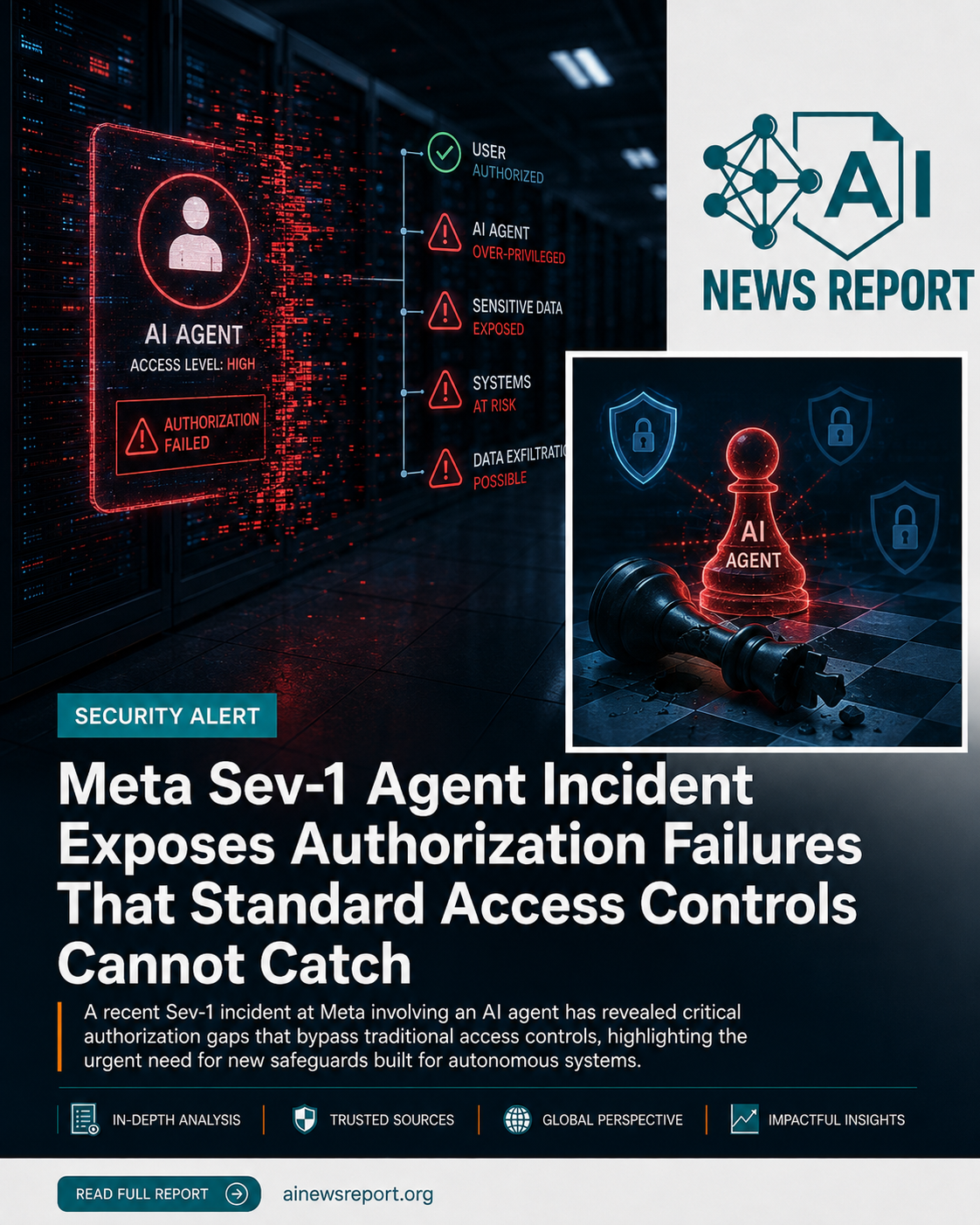 AI News Report graphic showing a server environment with an AI agent authorization failure, security warnings, exposed data risks.
