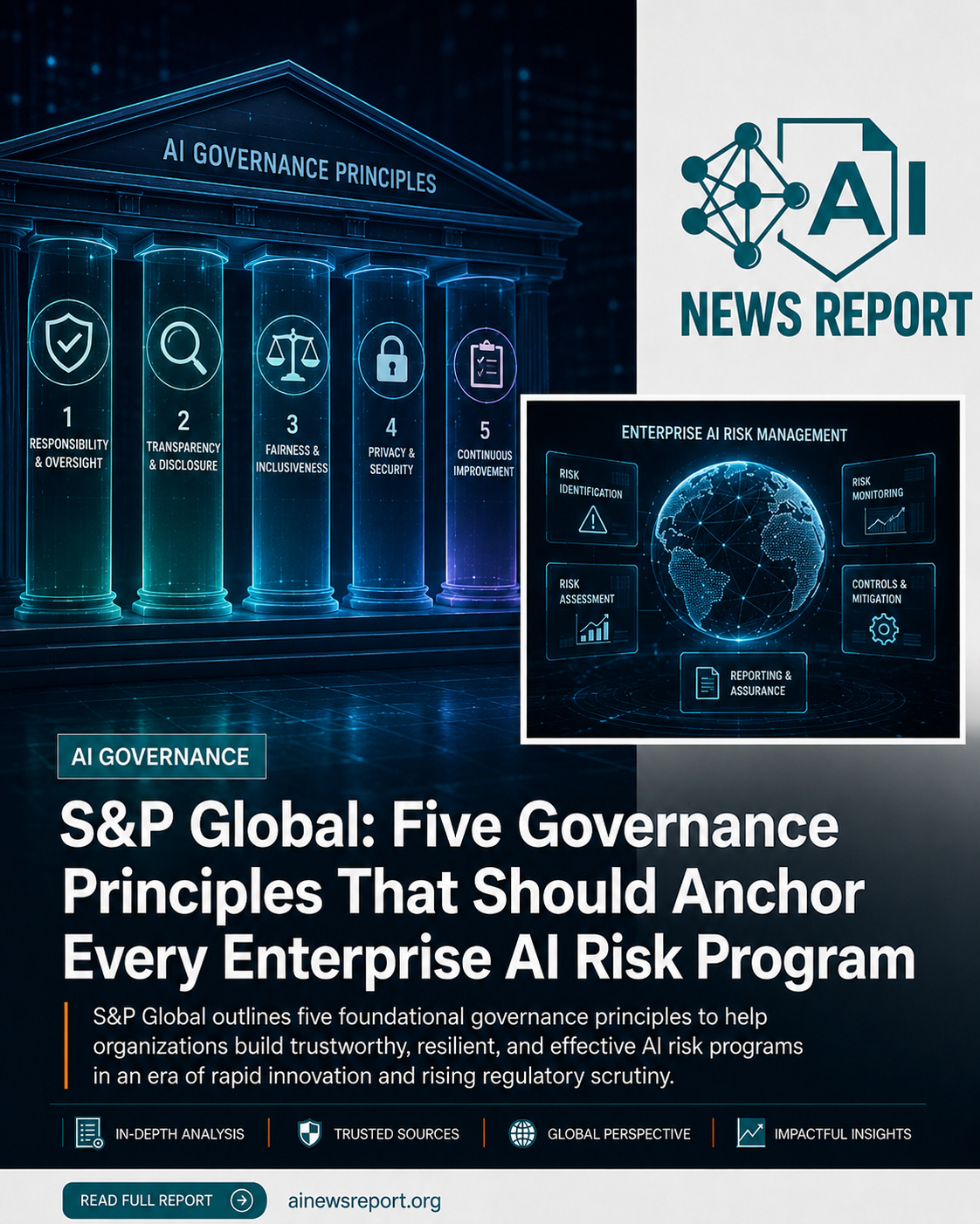 AI governance graphic showing five key principles for managing enterprise AI risk.