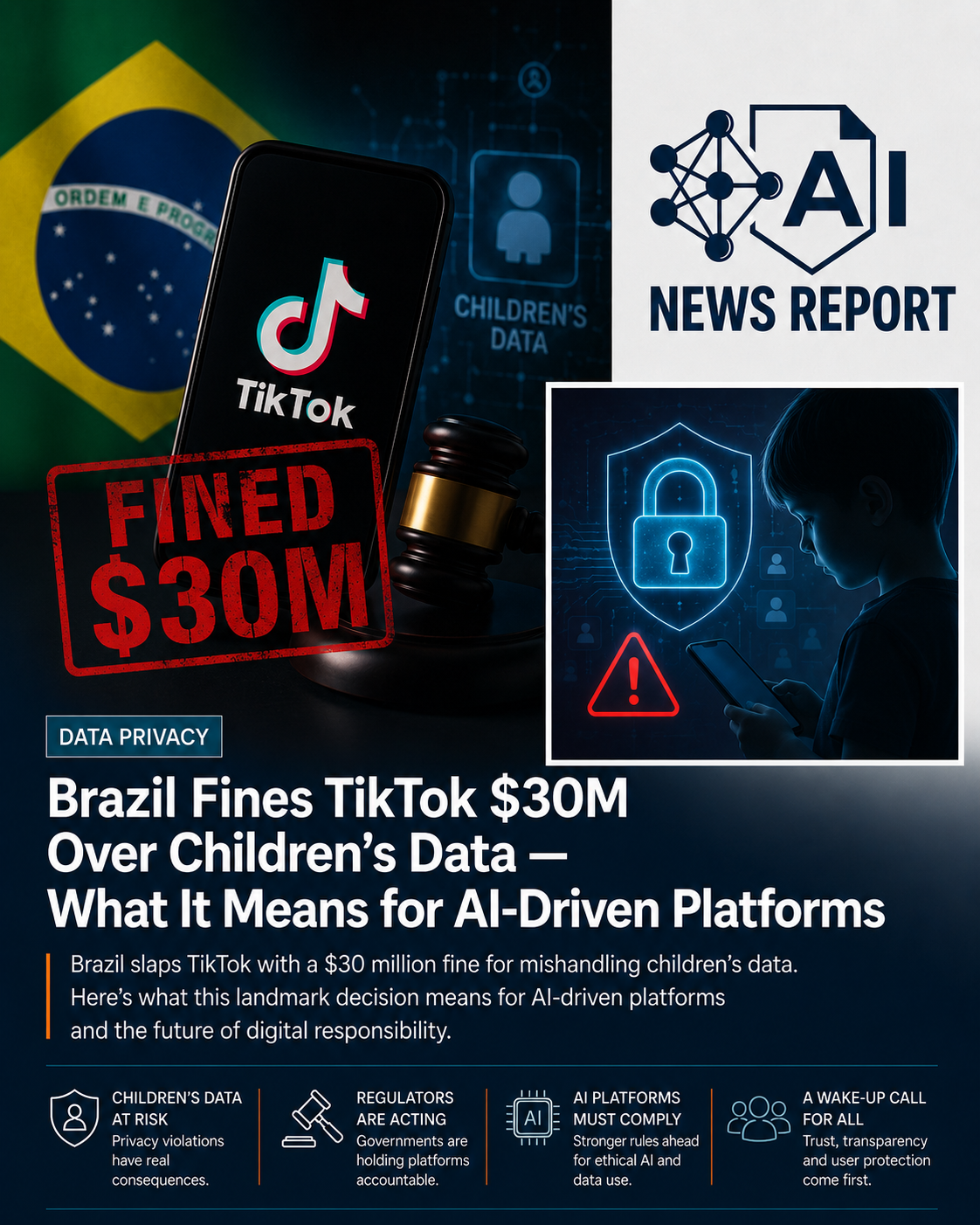 AI News Report graphic showing Brazil fining TikTok $30 million over children's data privacy, with the Brazilian flag, TikTok logo, a judge's gavel, and a child protected by a digi