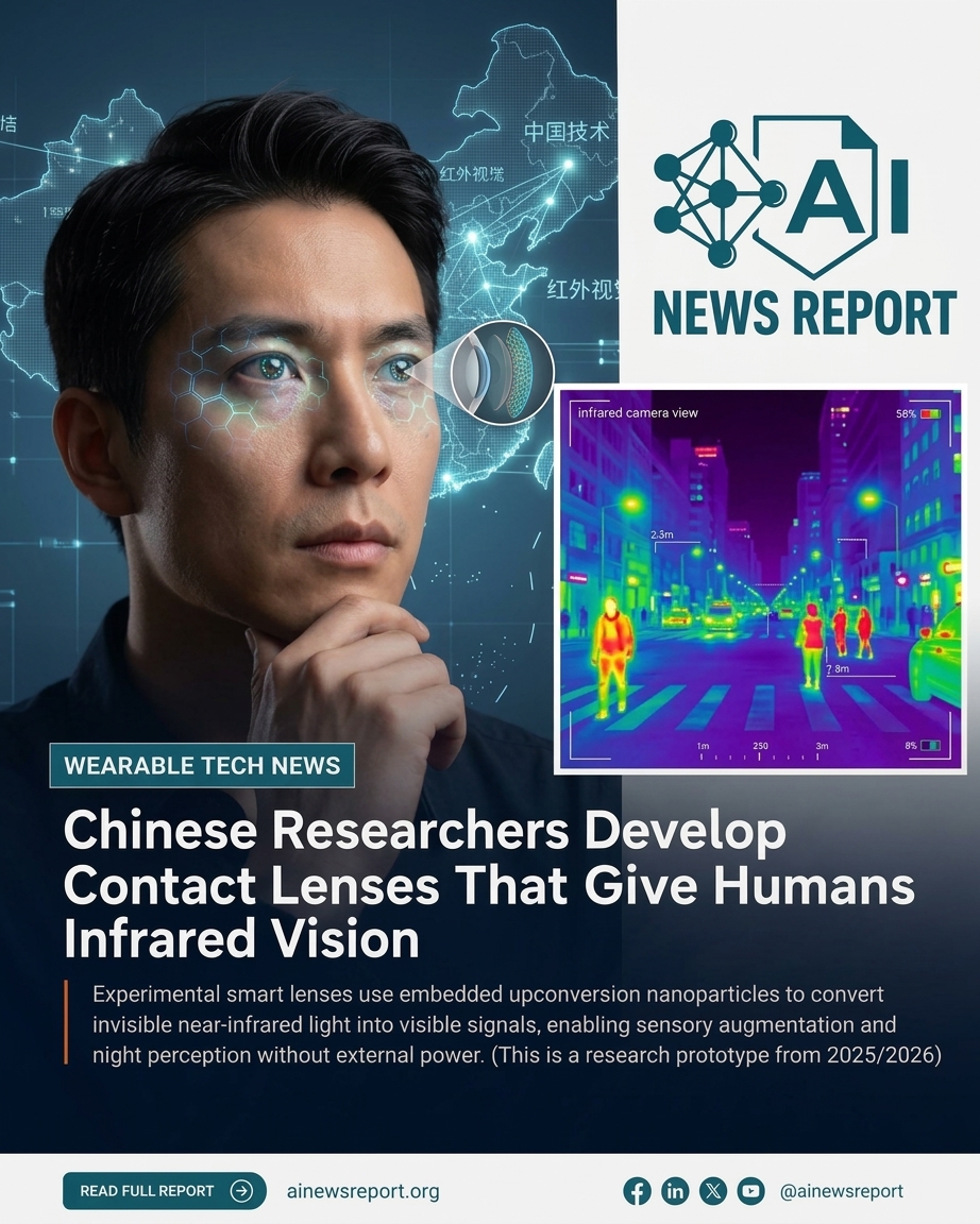 Poster for AI News Report about Chinese researchers creating infrared contact lenses.