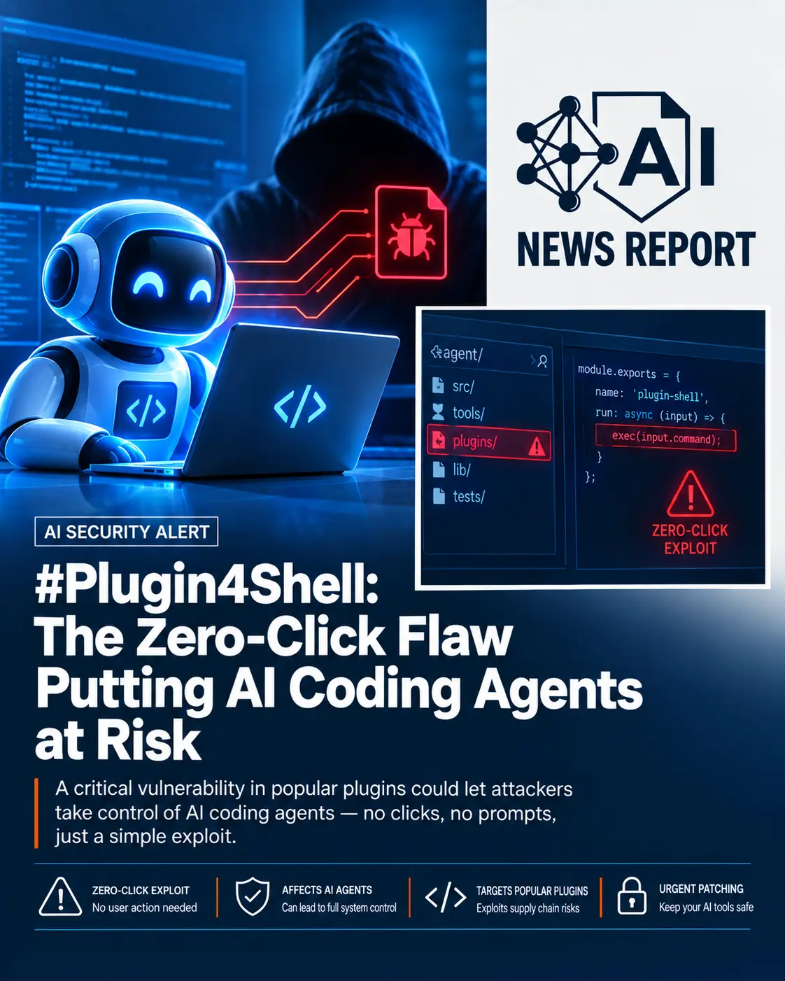 AI coding agent at risk from the Plugin4Shell zero-click vulnerability, featuring a coding robot, hacker silhouette, malware alert, and code exploit interface.
