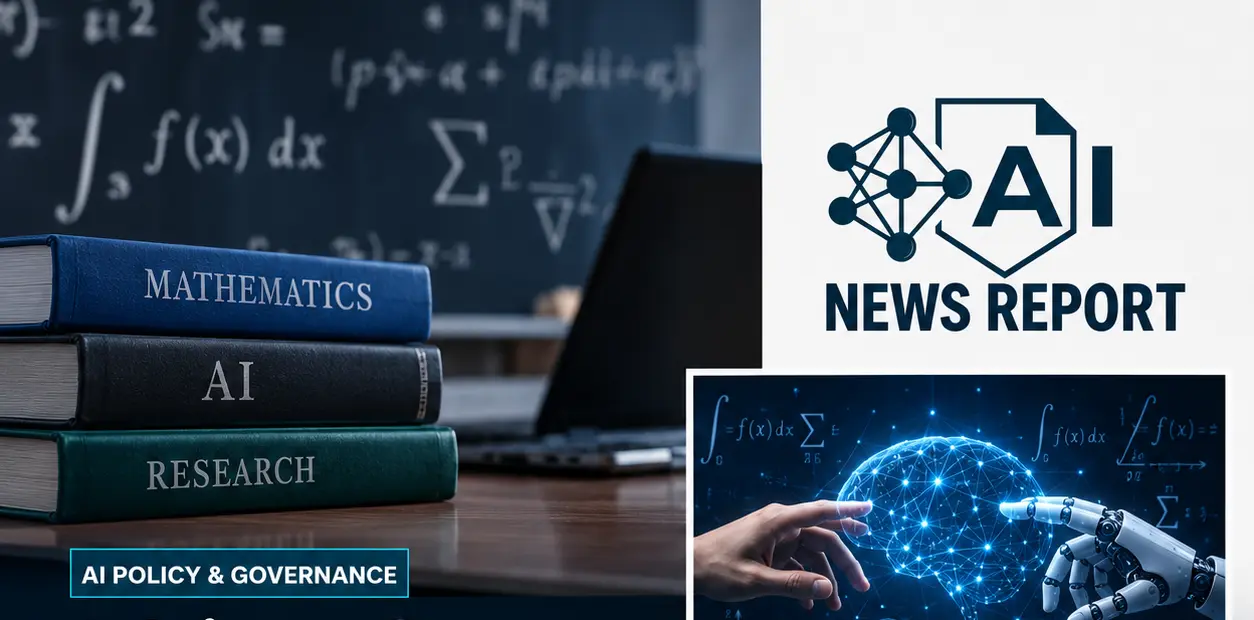 Advisory Group on Mathematics and Artificial Intelligence graphic featuring mathematical formulas, AI imagery, and a headline about expert collaboration.