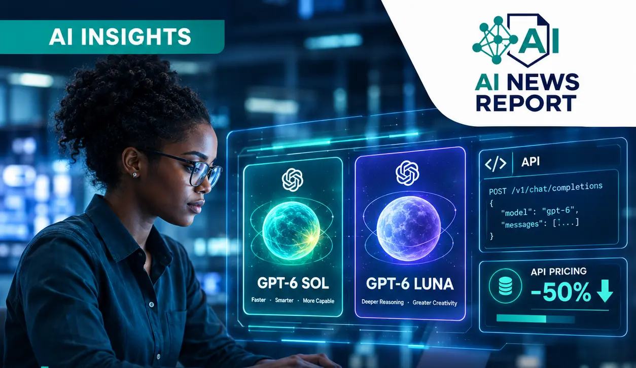 AI News Report graphic announcing the launch of GPT-6 Sol and Luna, highlighting a 50% reduction in API prices.