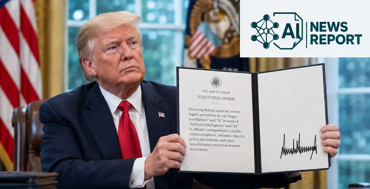 Trump holds an executive order directing federal agencies to use “Super Intelligence” instead of “AI.”