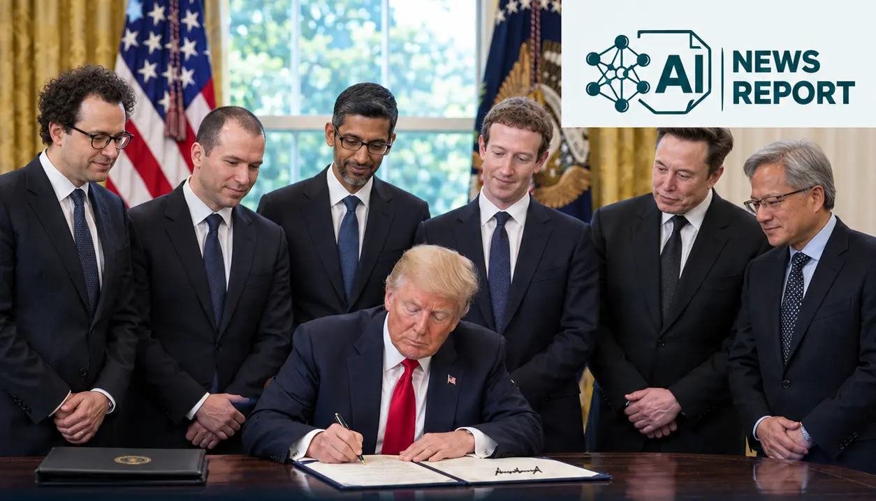 Trump signs a voluntary White House AI safety accord alongside six major technology executives.