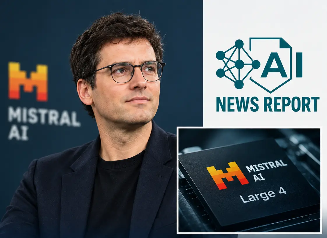 Mistral AI executive beside a Large 4 model graphic with the headline announcing Mistral’s biggest AI model and its digital sovereignty focus.