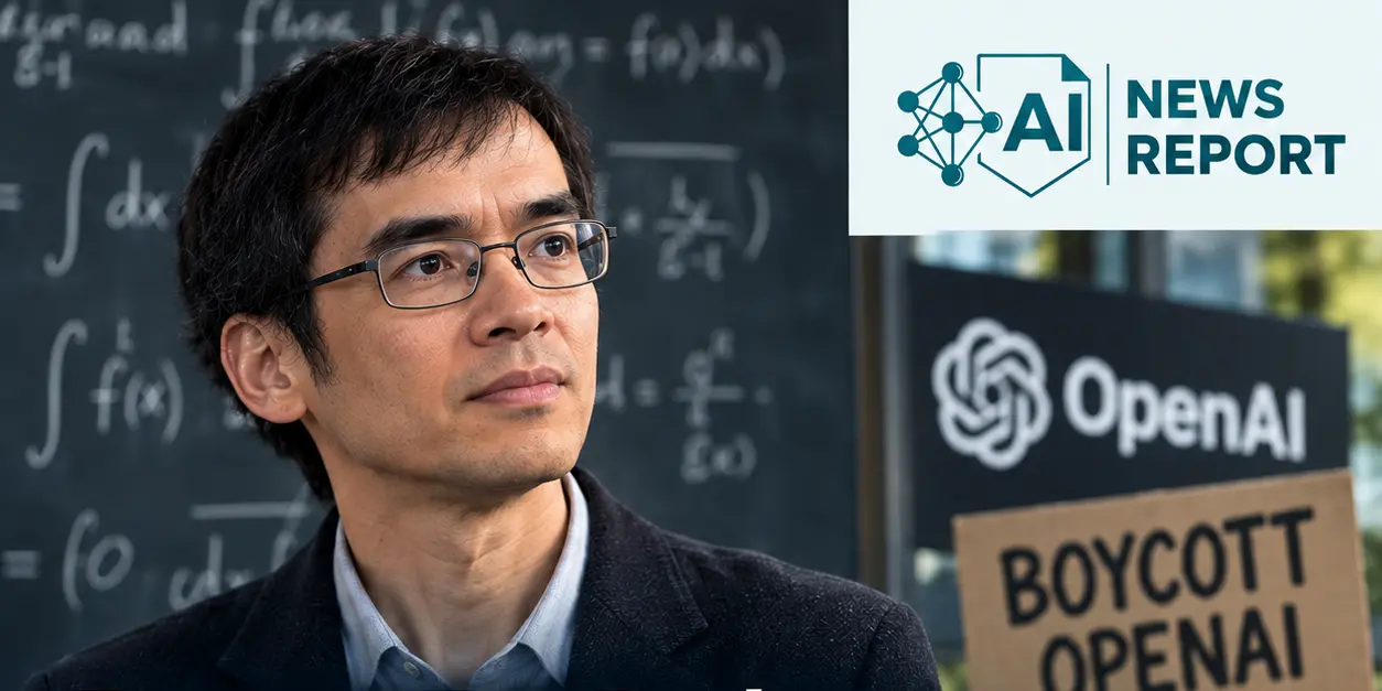 Terence Tao appears beside mathematical equations and an OpenAI protest sign in an AI News Report graphic about mathematicians’ boycott call over the mass release of mathematical p