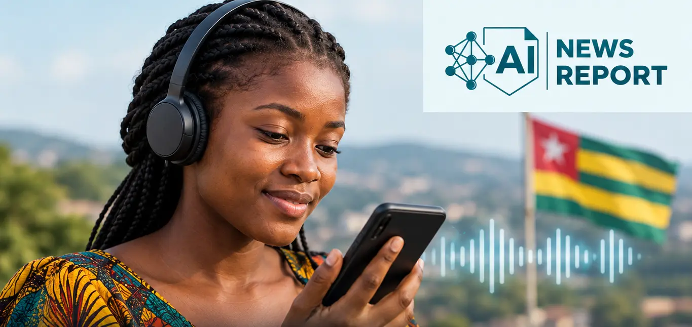 AI News Report graphic showing a Togolese woman wearing headphones and using a smartphone, with the Togolese flag and a headline about teaching AI 50 local languages.