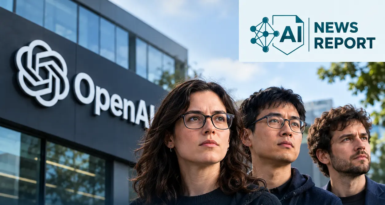 AI News Report graphic showing three AI researchers outside OpenAI headquarters, highlighting the company’s defense of its decision to fire three safety researchers amid questions
