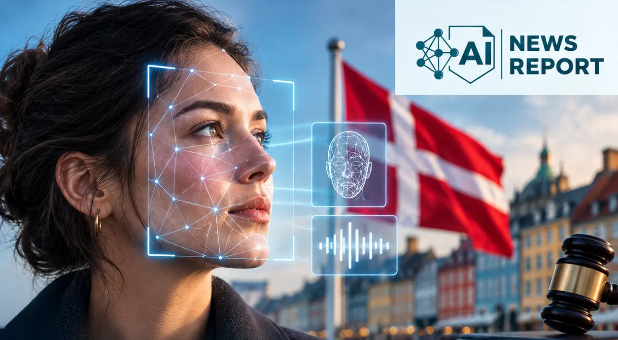 AI News Report graphic featuring a woman against Copenhagen’s waterfront and the Danish flag, highlighting a proposed law giving citizens greater control over the use of their face