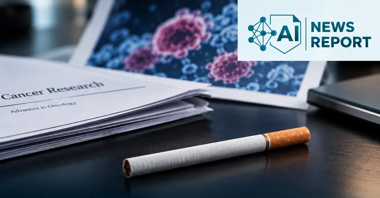 AI News Report graphic showing an unlit cigarette beside cancer research papers and microscopic cell imagery