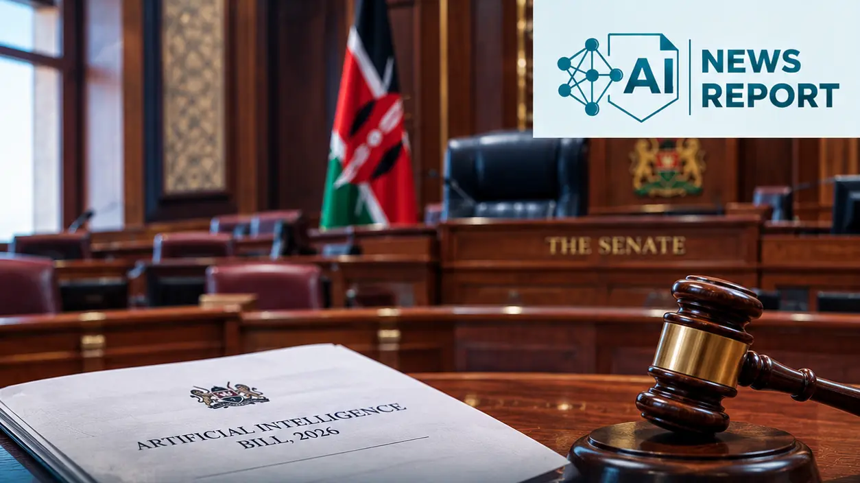 A Kenyan Senate chamber with a gavel and the proposed Artificial Intelligence Bill, 2026, illustrating lawmakers’ concerns about steep fines and excessive regulatory powers.