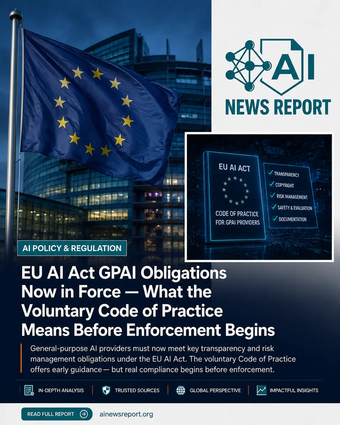 EU AI Act GPAI obligations and Code of Practice for general-purpose AI providers, illustrated with EU imagery and AI compliance technology.
