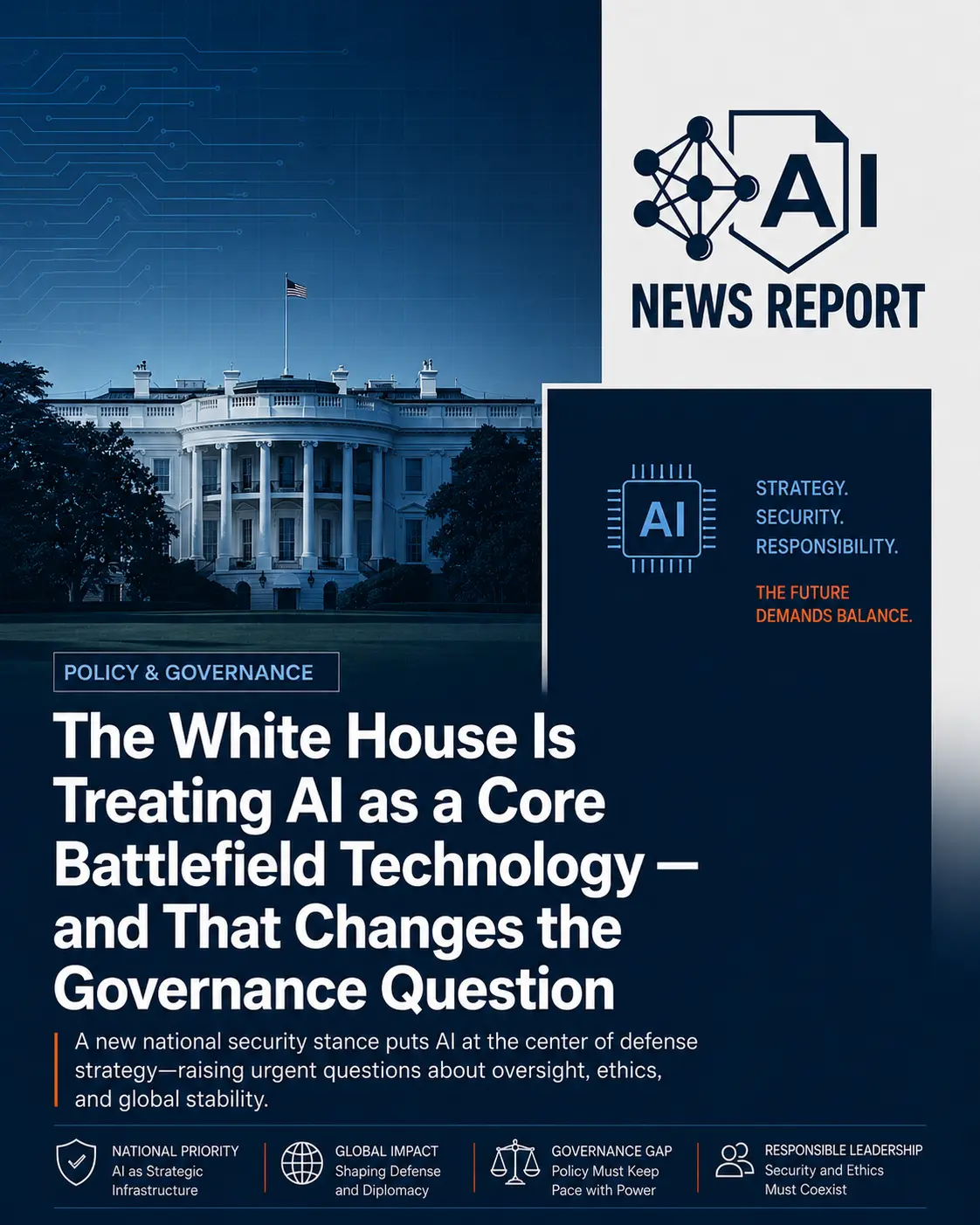 White House and AI chip graphic illustrating the U.S. government’s focus on artificial intelligence as a core battlefield and national security technology.