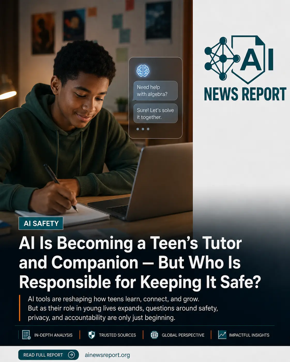 Teen student using laptop at desk with AI chatbot helping with algebra homework, featured in AI News Report on AI safety for teens