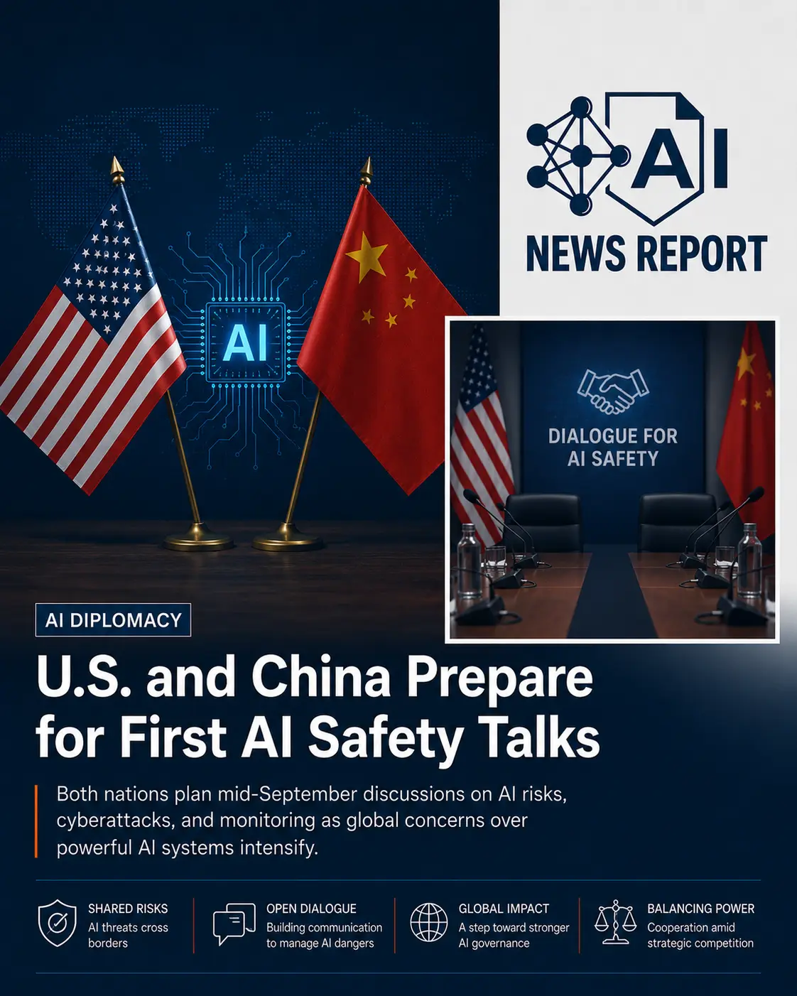 AI News Report graphic showing U.S. and Chinese flags beside an AI chip, representing planned U.S.-China AI safety talks on cybersecurity, AI risks, and global AI governance.