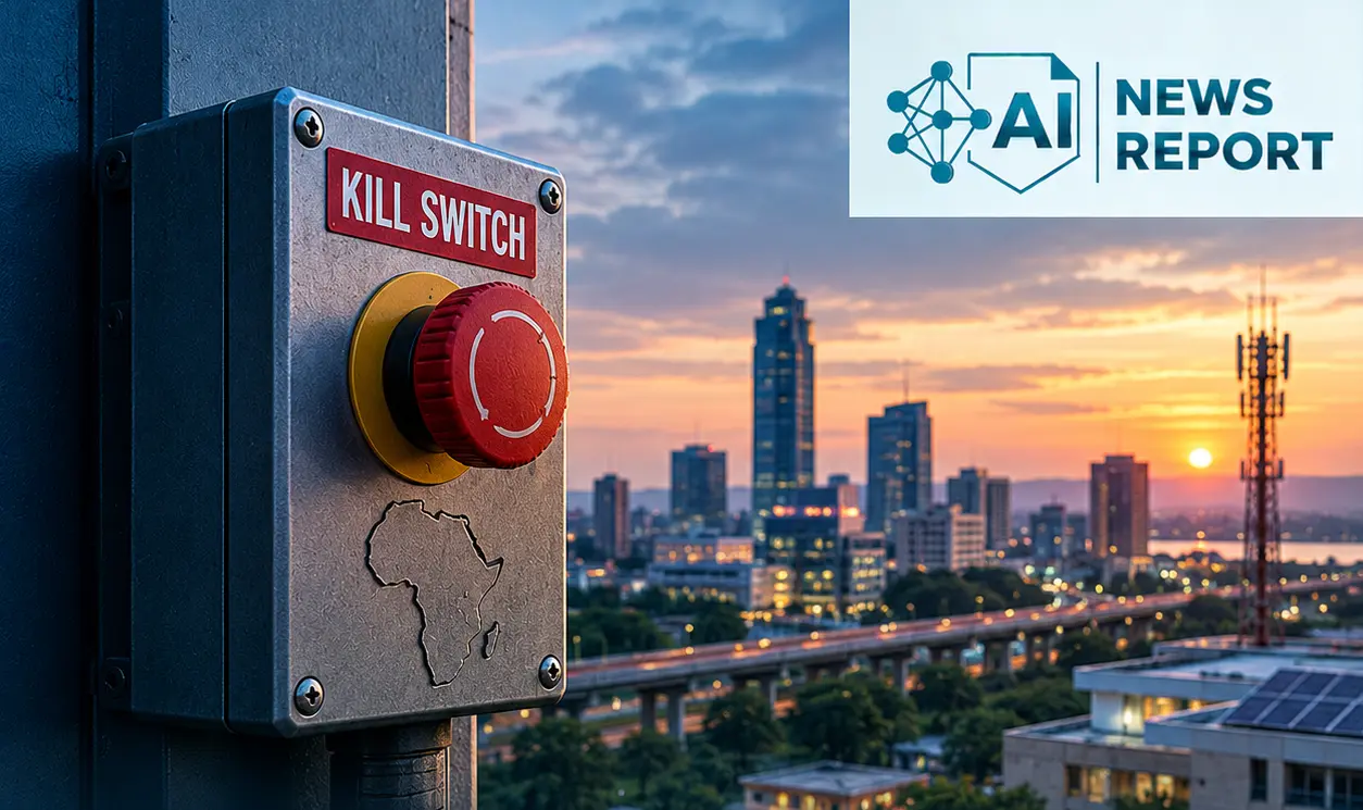 A red emergency kill switch marked with an outline of Africa stands against a city skyline at sunset, illustrating calls for African-led AI safety controls and oversight.